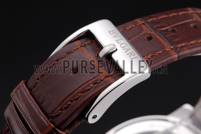 Bvlgari Tourbillon White Dial Silver Case Brown Leather Strap