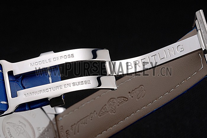 Breitling Chronomat Blue Dial Rose Gold Bezel And Subdials Stainless Steel Case Blue Leather Strap