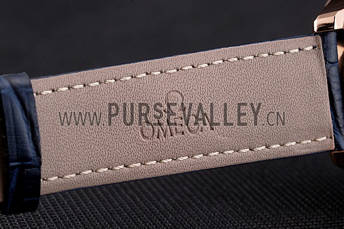 Omega Chronograph Black Dial Rose Gold Case Blue Leather Strap