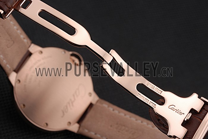 Swiss Ballon Blue De Cartier Gold Case White Dial Roman Numerals Brown Leather Bracelet 622651