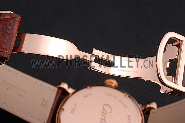 Cartier Rotonde Brown Dial Gold Case With Jewels Brown Leather Strap 622759
