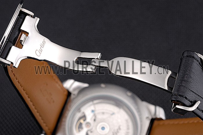 Cartier Calibre Tourbillon White Dial Stainless Steel Case Black Leather Strap 622751
