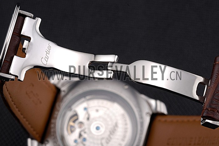 Cartier Calibre Tourbillon White Dial Stainless Steel Case Brown Leather Strap 622750