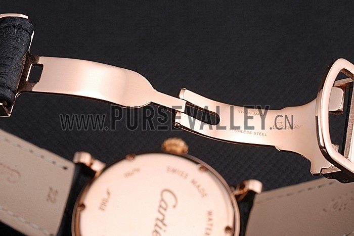 Cartier Rotonde Black And White Dial Gold Case With Jewels Black Leather Strap 622758