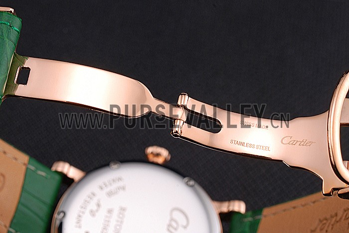Cartier Ronde Second Time Zone White Dial Gold Case With Diamonds Green Leather Strap 622812