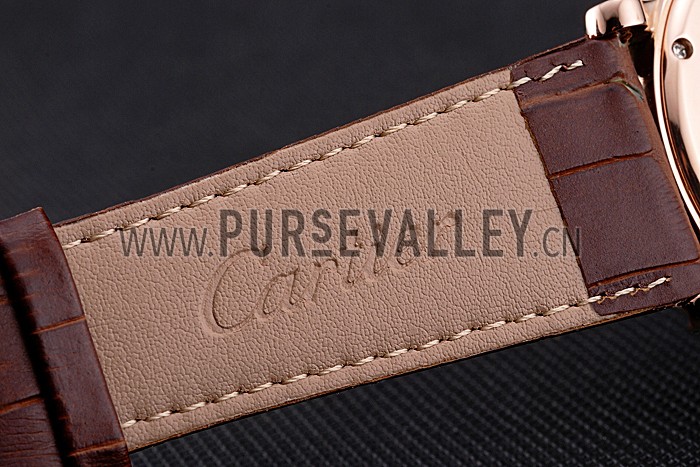 Cartier Rotonde Chronograph White Dial Rose Gold Case Brown Leather Strap