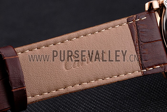 Cartier Rotonde Date Black Dial Rose Gold Case Brown Leather Strap