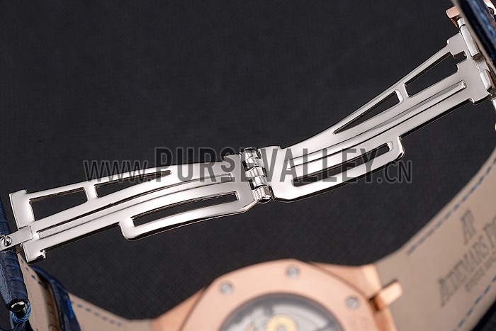 Swiss Audemars Piguet Royal Oak Blue Dial Gold Case With Diamonds Blue Leather Strap