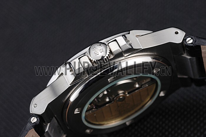 Patek Philippe Nautilus White Dial Brushed Stainless Steel Case Black Leather Strap