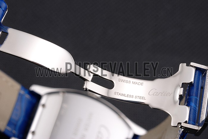 Cartier Tortue Large Date White Dial Stainless Steel Case Blue Leather Strap