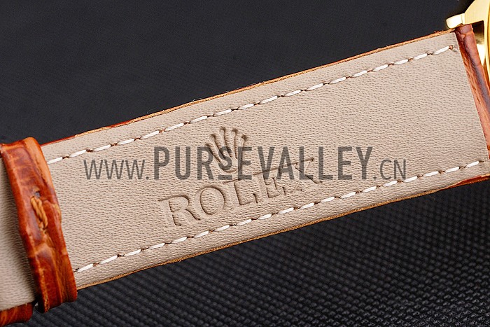 Swiss Rolex Cellini Gold Dial Gold Case Light Brown Leather Strap