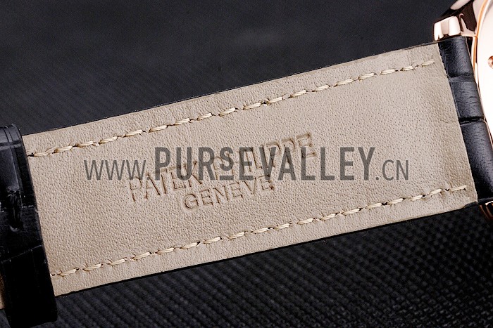 Swiss Patek Philippe Calatrava Black Dial Rose Gold Case Black Leather Strap