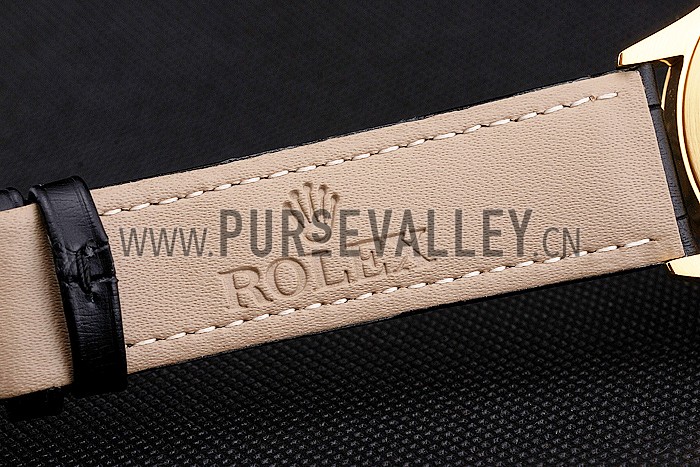 Swiss Rolex Cellini Black Dial Roman Numerals Gold Case Black Leather Strap