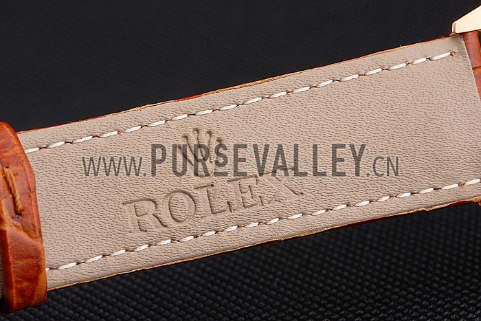 Swiss Rolex Cellini White Dial Roman Numerals Rose Gold Case Light Brown Leather Strap