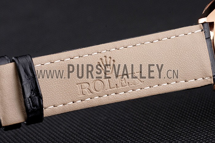 Swiss Rolex Datejust Black Dial Rose Gold Case Black Leather Strap