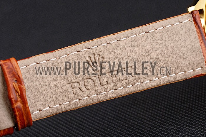 Swiss Rolex Cellini Gold Dial Roman Numerals Gold Case Light Brown Leather Strap