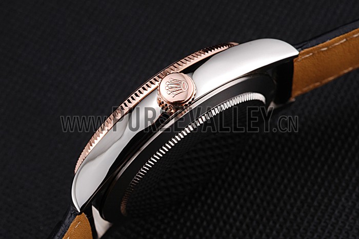 Rolex Cellini Blue Dial Gold Bezel Stainless Steel Case Black Leather Strap 622841