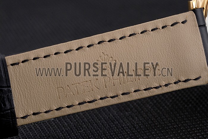 Swiss Patek Philippe Complications Openworked Dial Gold Case Black Leather Strap