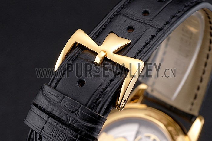 Swiss Vacheron Constantin Traditionnelle Power Reserve Gold Dial And Case Diamond Bezel Black Leather Strap