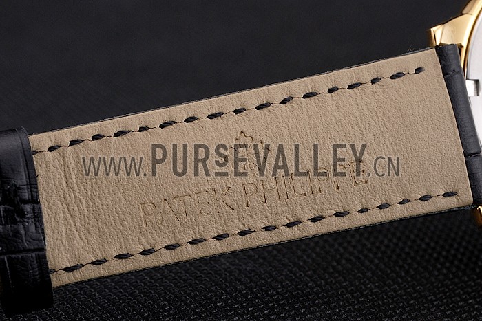 Swiss Patek Philippe Complications Openworked Dial Gold Case Fluted Bezel Black Leather Strap