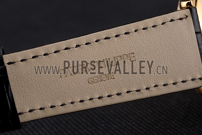 Swiss Patek Philippe Grand Complications Perpetual Calendar Blue Dial Gold Case Diamond Bezel Black Leather Strap