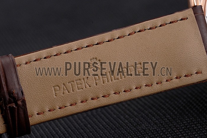 Swiss Patek Philippe Complications Openworked Dial Rose Gold Case Brown Leather Strap