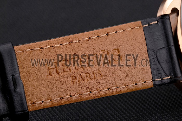 Hermes Dressage Light Brown Dial Rose Gold Case Black Leather Strap