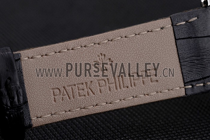 Patek Philippe Calatrava Black Dial Roman Numerals Ribbed Bezel Stainless Steel Case Black Leather Strap