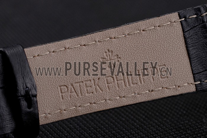 Patek Philippe Calatrava White Dial Diamond Hour Marks Ribbed Bezel Gold Case Black Leather Strap