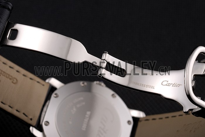 Cartier Ronde White Dial Diamond Hour Marks Stainless Steel Case Black Leather Strap
