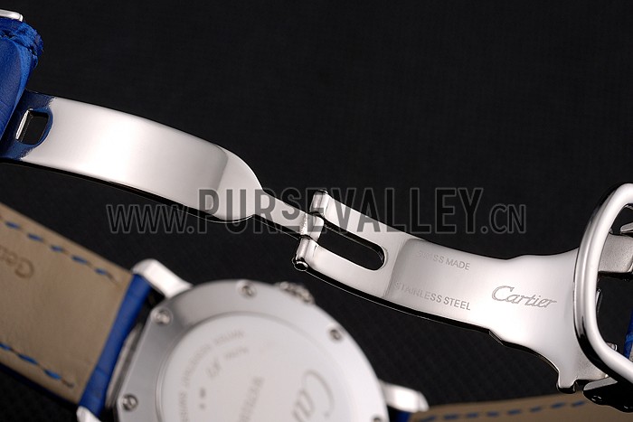 Cartier Ronde White Dial Diamond Hour Marks Stainless Steel Case Blue Leather Strap