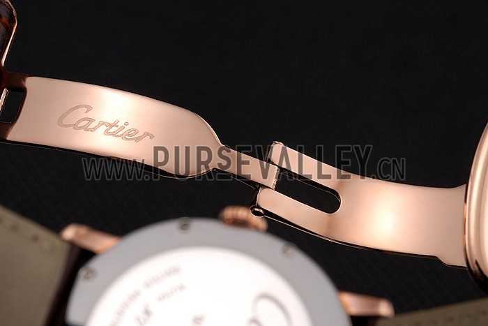 Cartier Ronde Solo Black Dial Diamond Bezel Rose Gold Case Brown Leather Strap