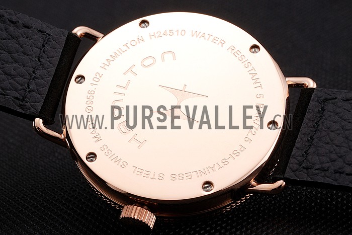 Hamilton Navy Pioneer Black Dial Rose Gold Case Black Leather Strap