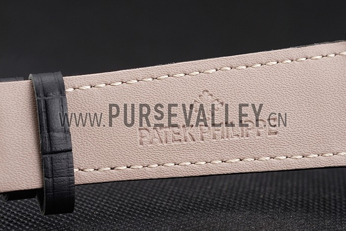 Patek Philippe Chronograph White Dial Blue Markings Stainless Steel Case Black Leather Strap