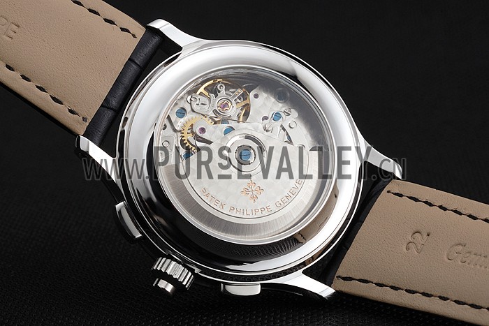 Swiss Patek Philippe 5170J Chronograph White Dial Gold Hands Stainless Steel Case Black Leather Strap