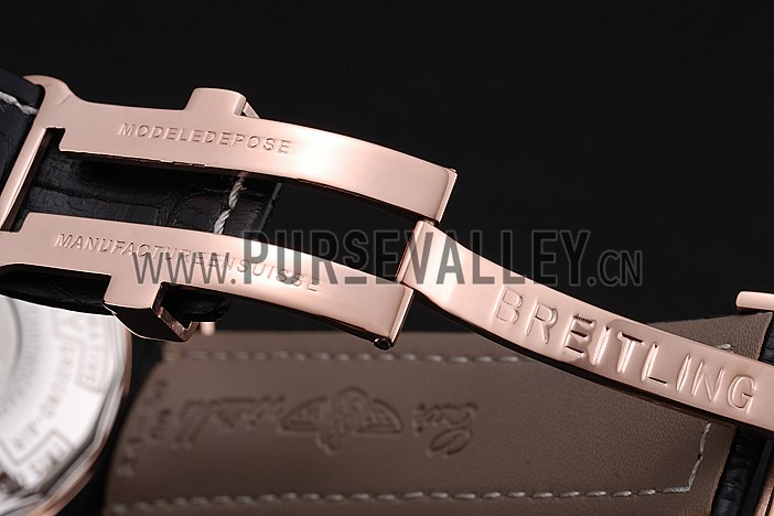 Breitling Transocean Black Dial Black Leather Strap Rose Gold Bezel 98204