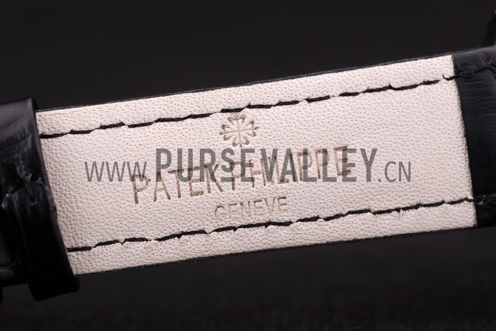 Patek Philippe Swiss Calatrava Ribbed Bezel Black Dial Black Leather Strap 7661