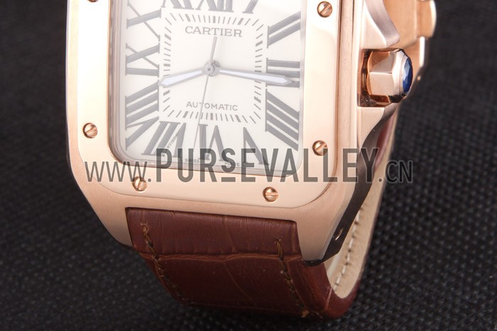 Swiss Cartier Santos Rose Gold with Brown Leather Strap 621522
