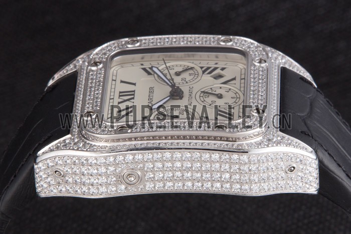Swiss Cartier Santos Silver Bezel with Diamonds and Black Leather Strap sct44 621528