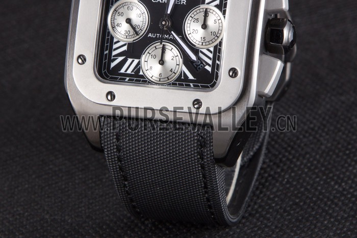Swiss Cartier Santos Two Tone Bezel with Black Dial and Black Fabric Strap 621525