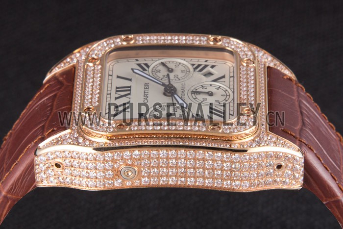 Swiss Cartier Santos Rose Gold Bezel with Diamonds and Brown Leather Strap sct43 621527