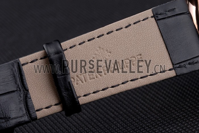 Patek Philippe Dual Time Moonphase Tourbillon Black Skeletonised Rose Gold Case Black Leather Strap