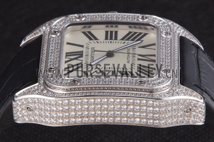 Swiss Cartier Santos Silver Bezel with Diamonds and Black Leather Strap sct47 621531