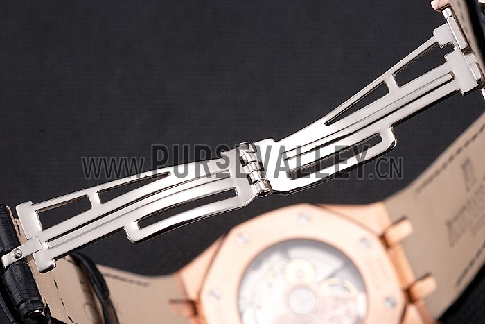 Swiss Audemars Piguet Royal Oak Black Dial Gold Case Black Leather Strap