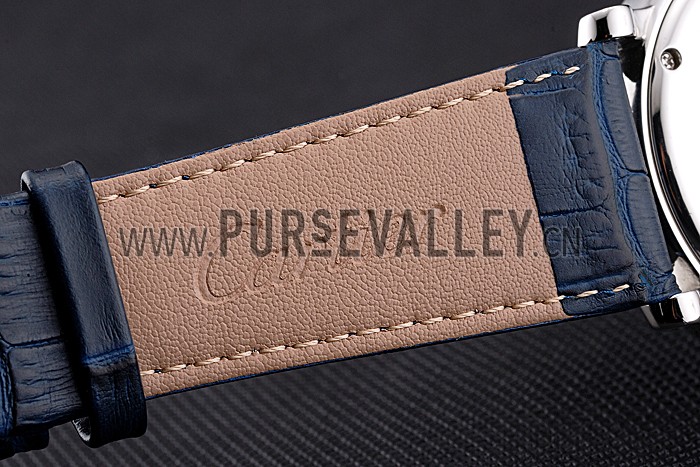 Cartier Rotonde Chronograph Black Dial Stainless Steel Case Blue Leather Strap