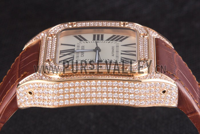 Swiss Cartier Santos Rose Gold Bezel with Diamonds and Brown Leather Strap sct46 621530
