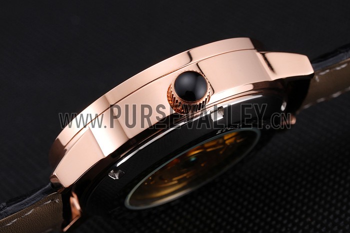 Bvlgari Novelties Black Dial Gold Case Black Leather Strap