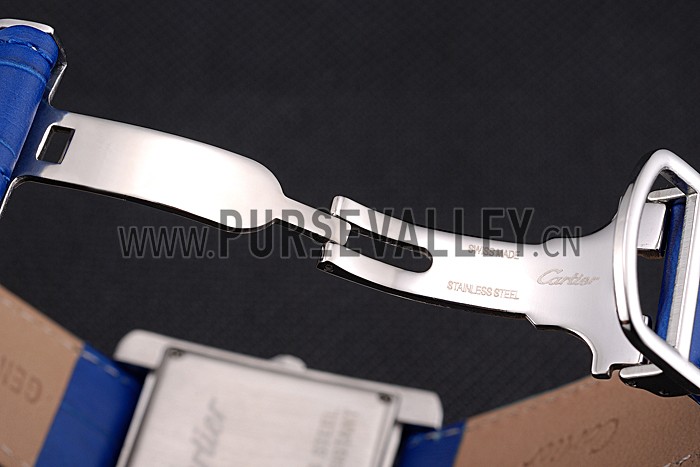 Cartier Tank MC Stainless Steel Diamond Case White Dial Blue Leather Strap 622172