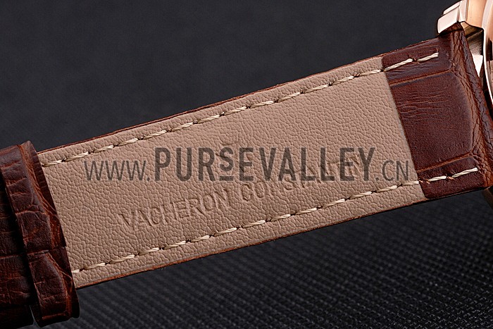 Vacheron Constantin Traditionnelle White Ship Dial Rose Gold Case With Diamonds Brown Leather Strap