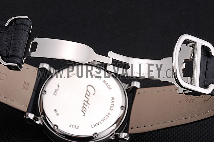 Cartier Rotonde White Dial Stainless Steel Case Black Leather Strap 622757